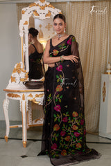 Black With Multicolour Floral Design Pure Muslin Silk Handwoven Jamdani Saree
