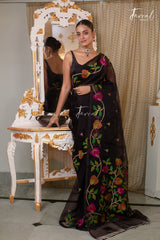 Black With Multicolour Floral Design Pure Muslin Silk Handwoven Jamdani Saree