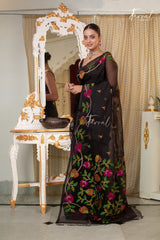 Black With Multicolour Floral Design Pure Muslin Silk Handwoven Jamdani Saree