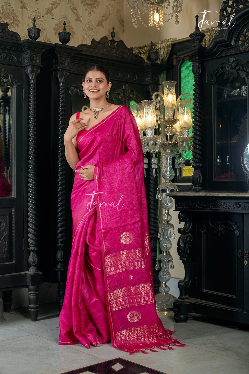 Hot Pink Colour Pure Tussar Silk Handwoven Jamdani Saree