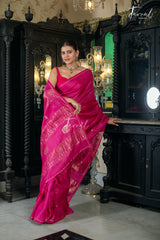 Hot Pink Colour Pure Tussar Silk Handwoven Jamdani Saree