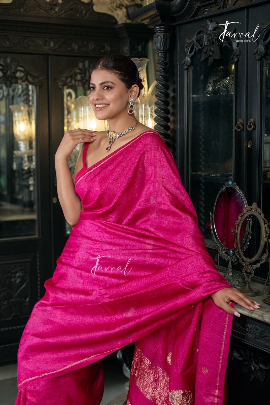 Hot Pink Colour Pure Tussar Silk Handwoven Jamdani Saree