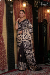 Black & Offwhite Handcrafted Wax Batik Pure Silk Saree