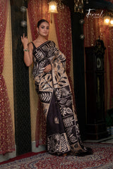 Black & Offwhite Handcrafted Wax Batik Pure Silk Saree