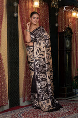 Black & Offwhite Handcrafted Wax Batik Pure Silk Saree