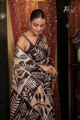 Black & Offwhite Handcrafted Wax Batik Pure Silk Saree