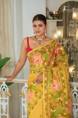 Yellow With Multicolour Allover Floral Handwoven Jamdani Saree