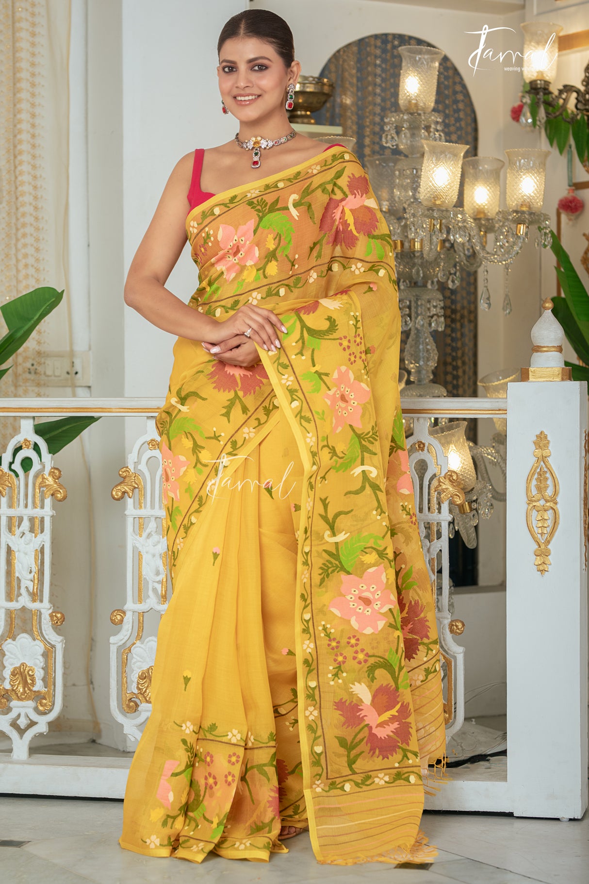 Yellow With Multicolour Allover Floral Handwoven Jamdani Saree