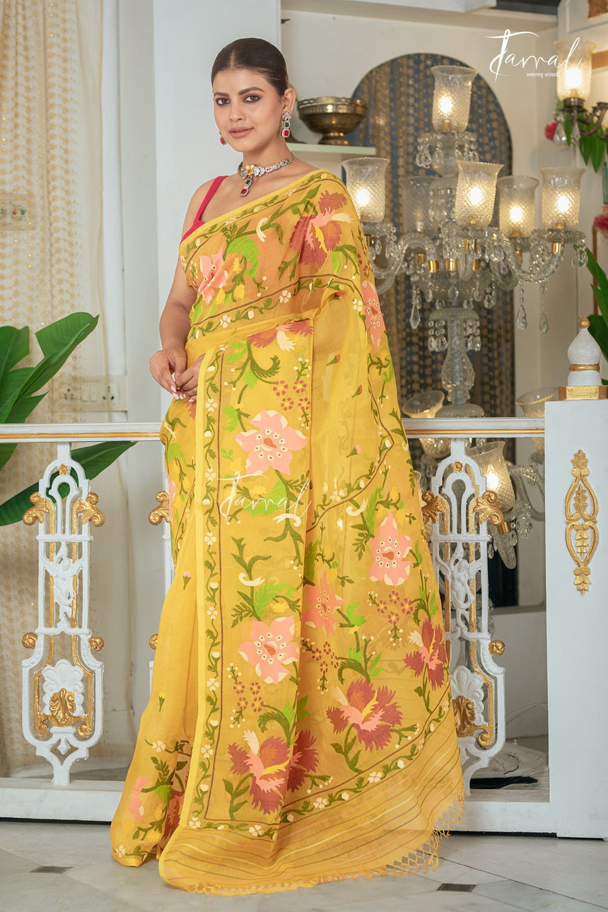 Yellow With Multicolour Allover Floral Handwoven Jamdani Saree