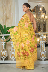 Yellow With Multicolour Allover Floral Handwoven Jamdani Saree