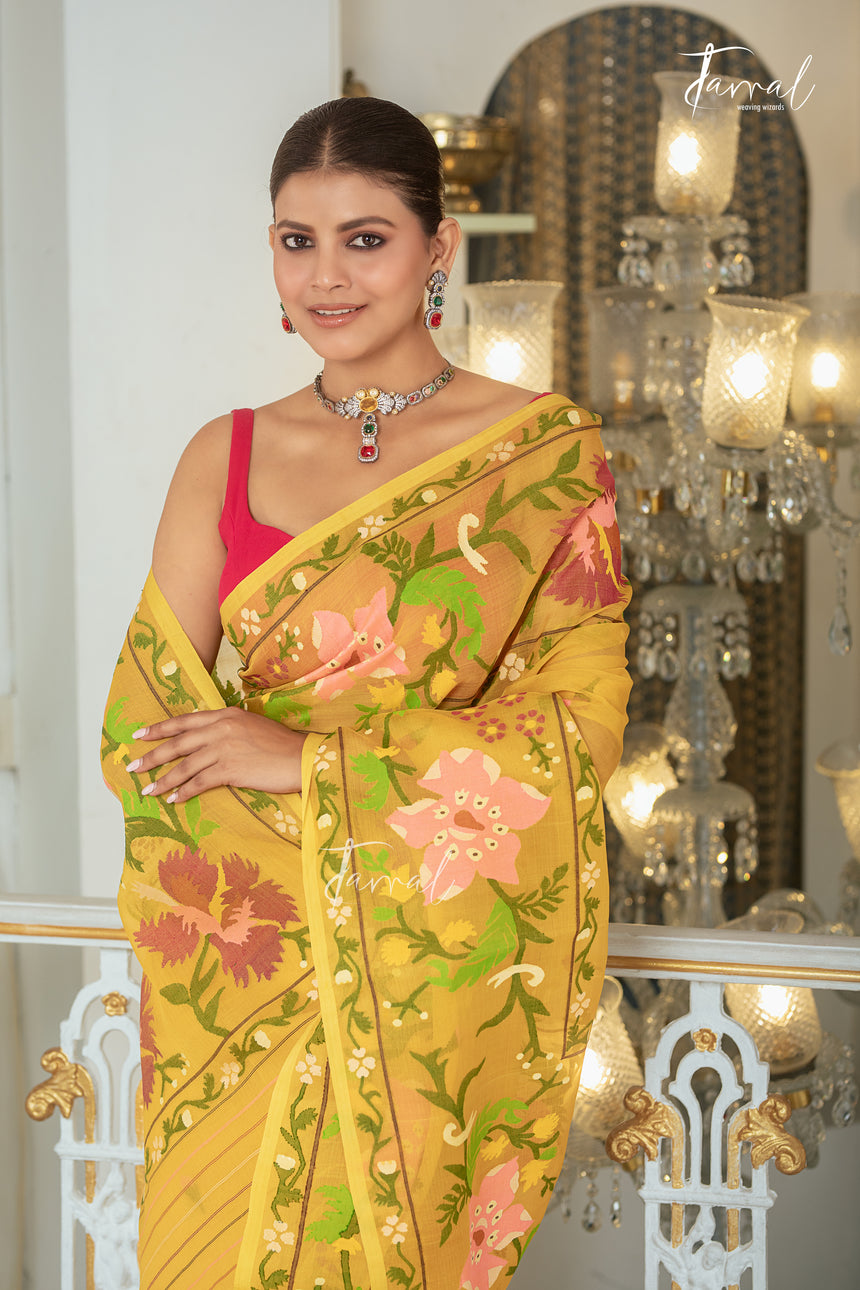 Yellow With Multicolour Allover Floral Handwoven Jamdani Saree