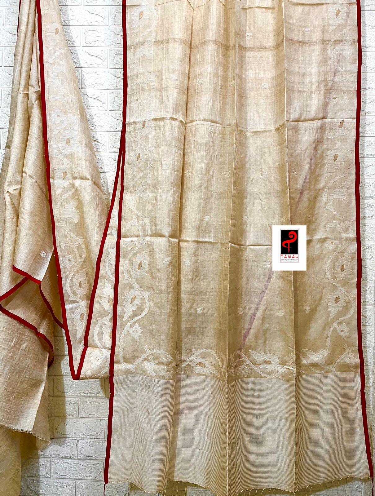 Alpona motifs handwoven jamdani saree in tusser silk with red border closeup