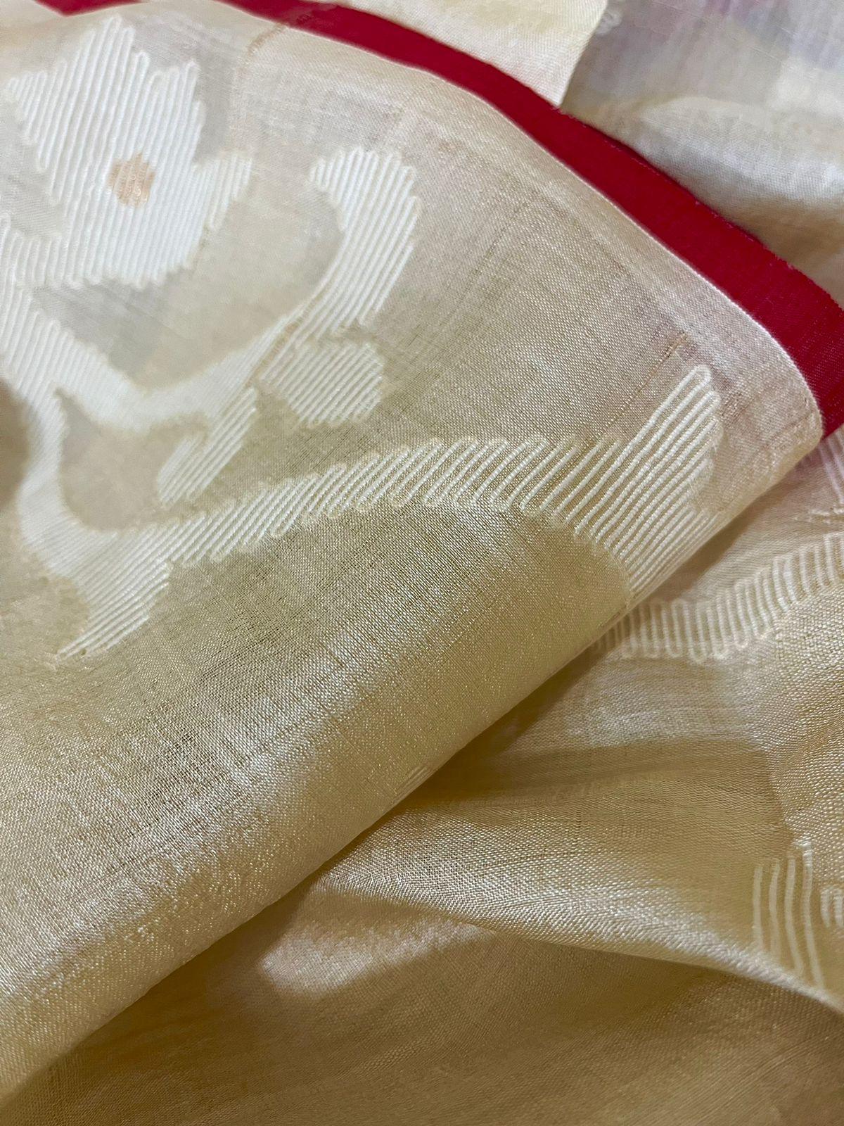 Alpona motifs handwoven jamdani saree in tusser silk with red border closeup3