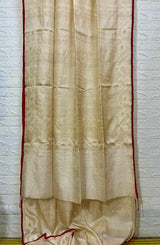 Alpona motifs handwoven jamdani saree in tusser silk with red border full