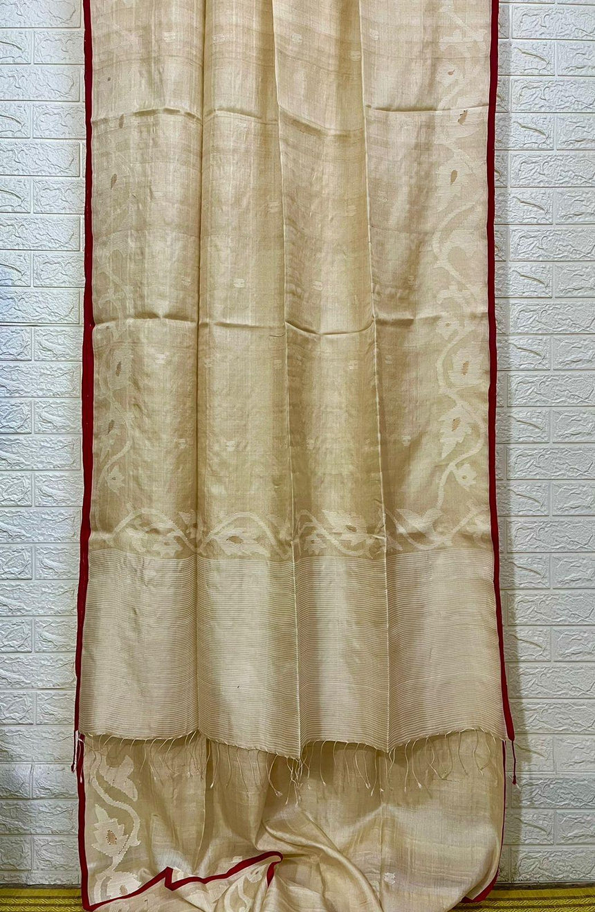 Alpona motifs handwoven jamdani saree in tusser silk with red border full