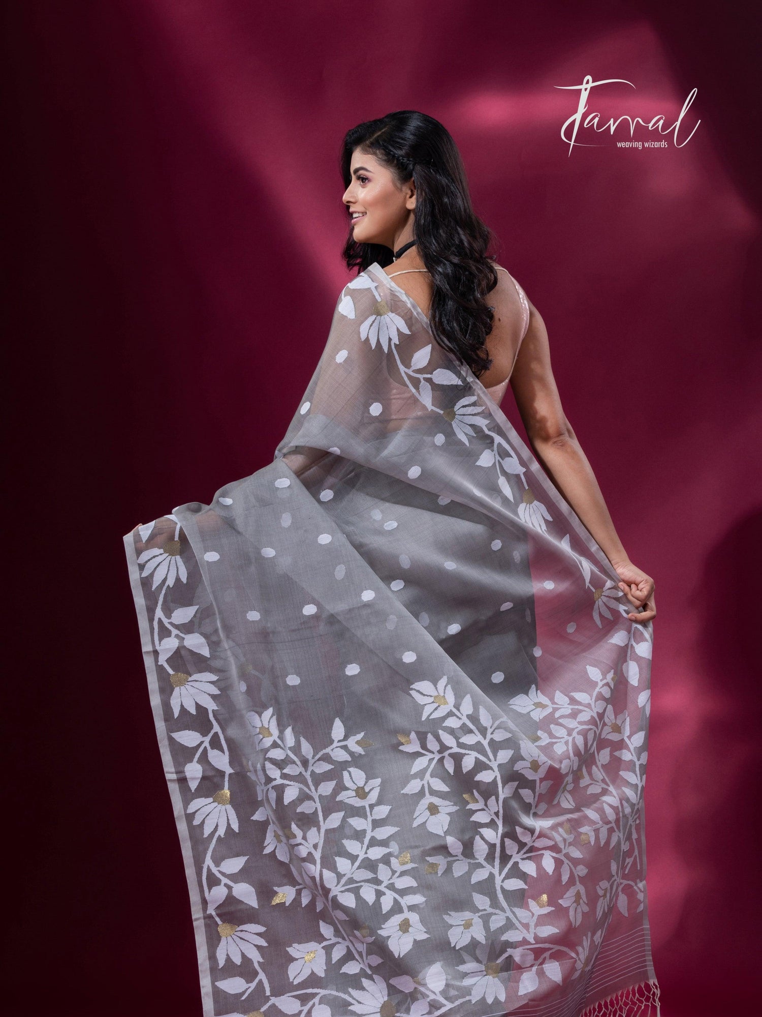 Ash Grey handwoven muslin silk jamdani saree back