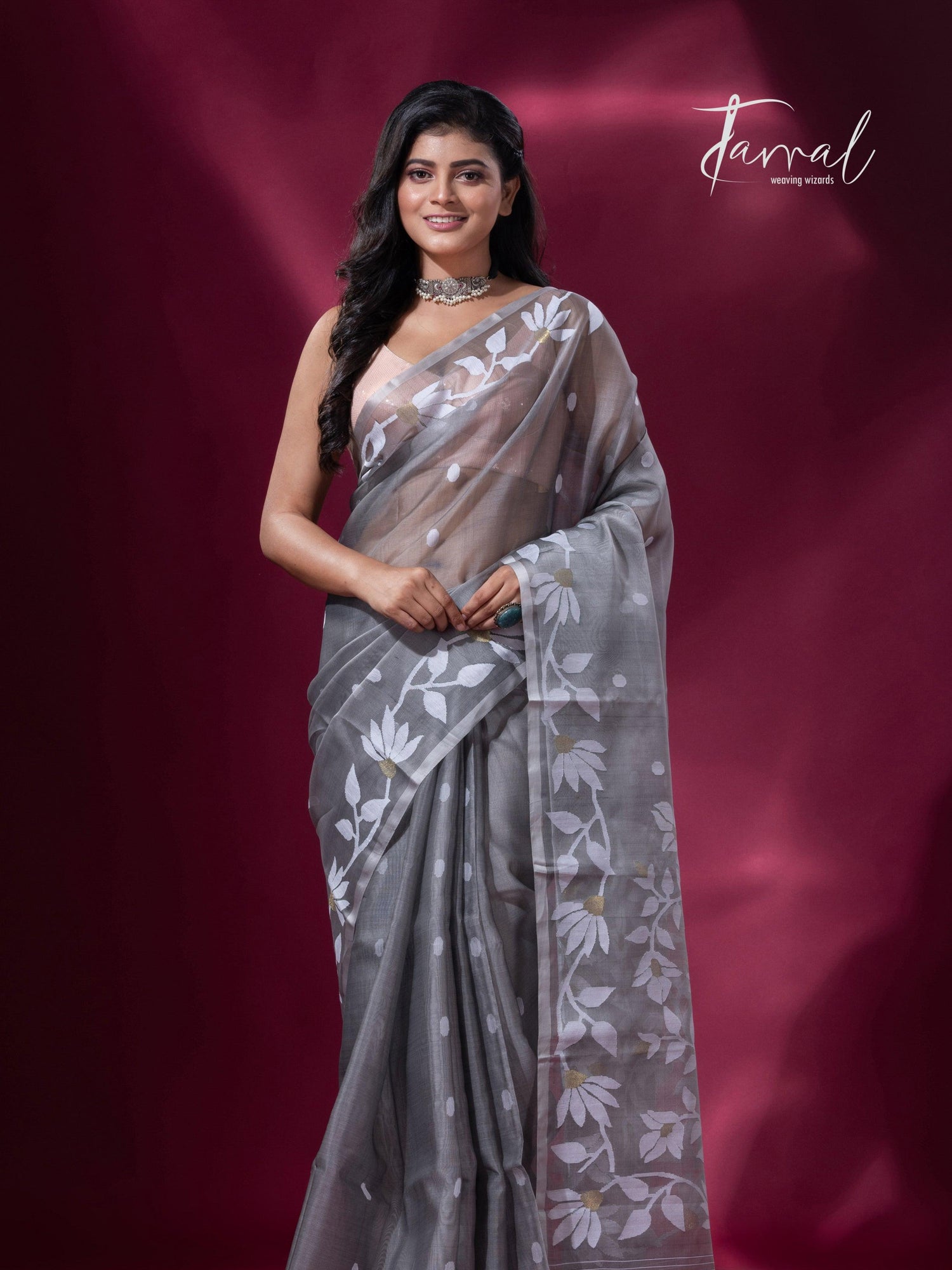 Ash Grey handwoven muslin silk jamdani saree front