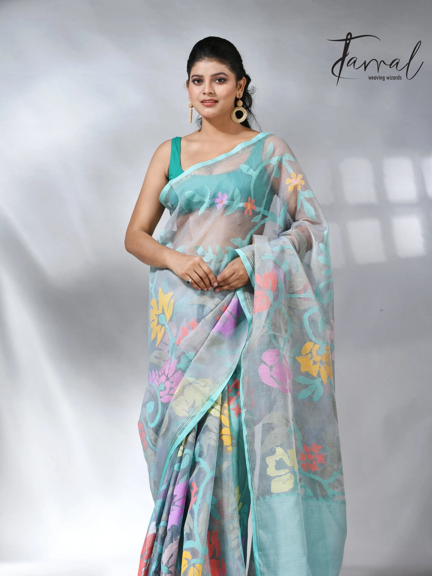 Ash color allover floral muslin silk handwoven jamdani saree