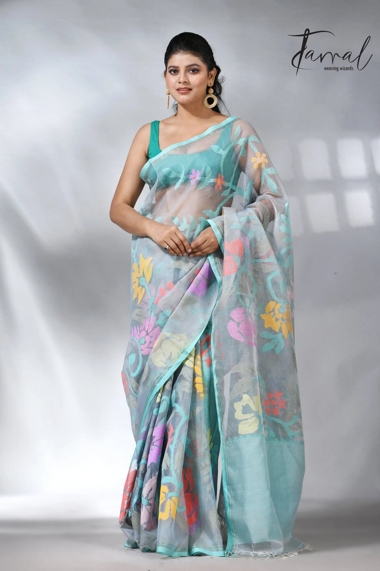 Ash color allover floral muslin silk handwoven jamdani saree
