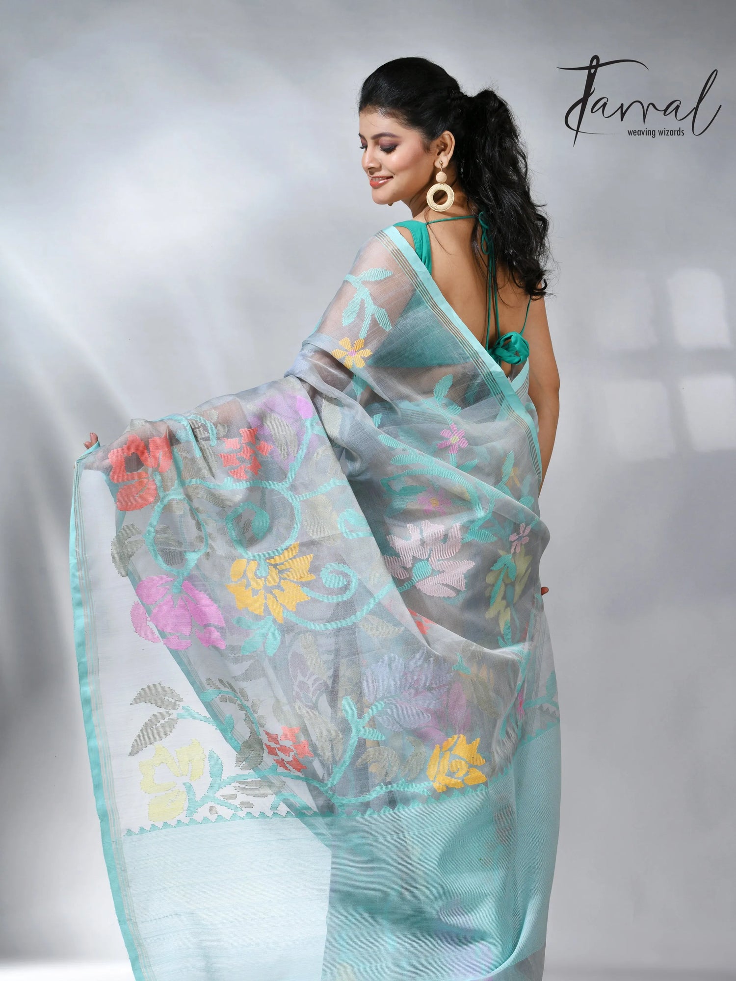 Ash color allover floral muslin silk handwoven jamdani saree