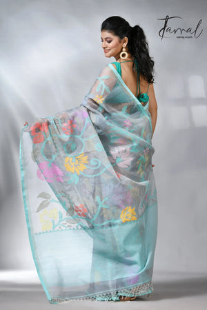 Ash color allover floral muslin silk handwoven jamdani saree