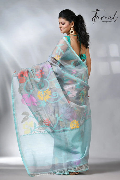 Ash color allover floral muslin silk handwoven jamdani saree
