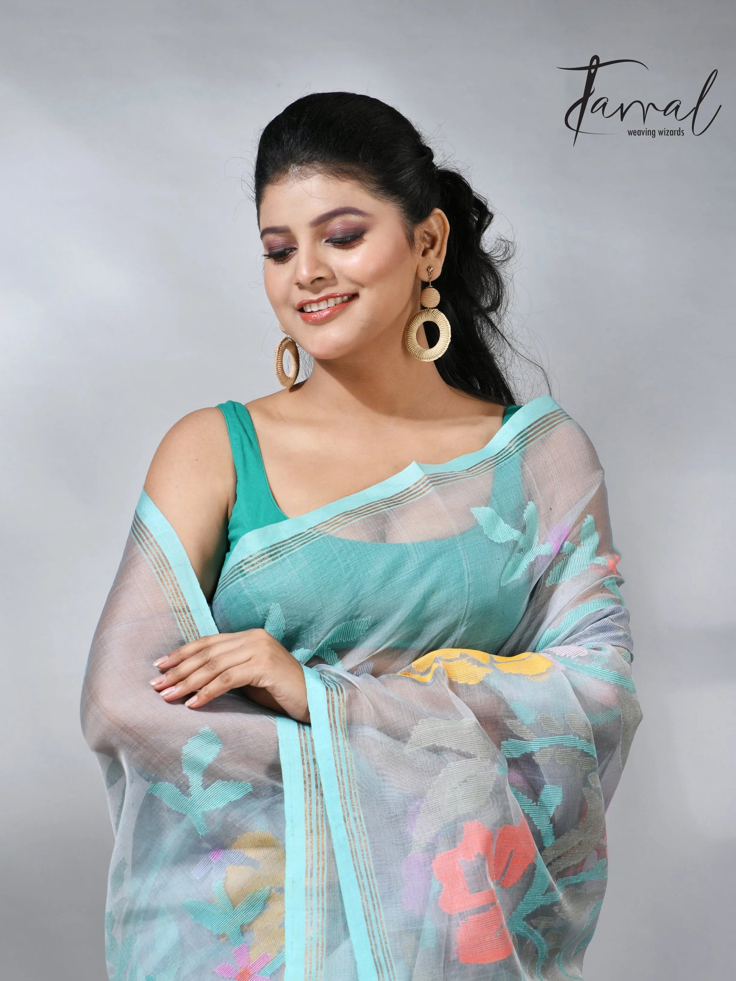 Ash color allover floral muslin silk handwoven jamdani saree