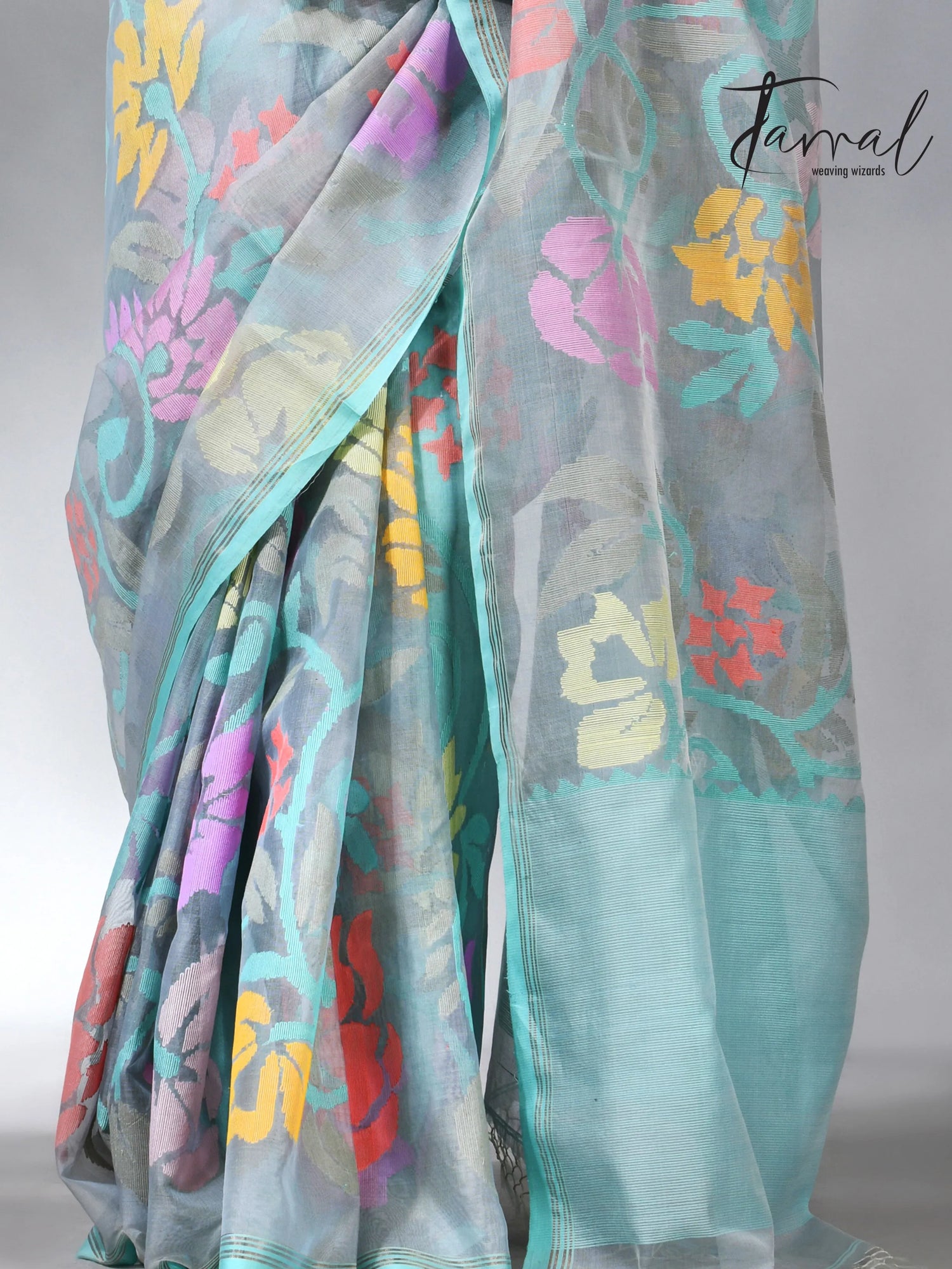 Ash color allover floral muslin silk handwoven jamdani saree