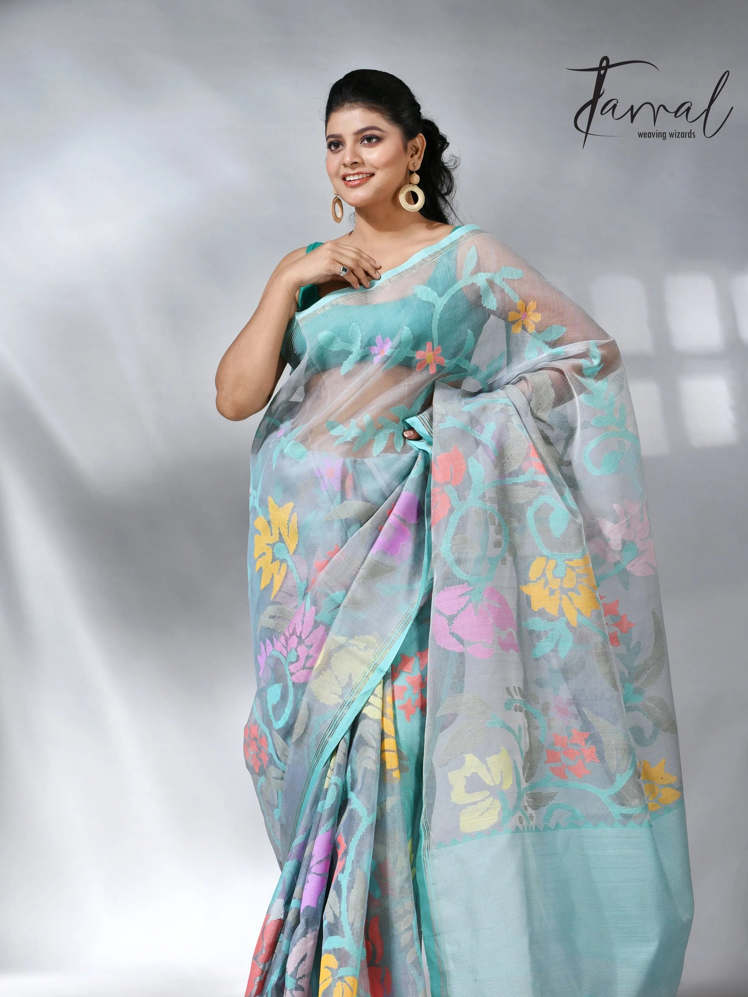 Ash color allover floral muslin silk handwoven jamdani saree