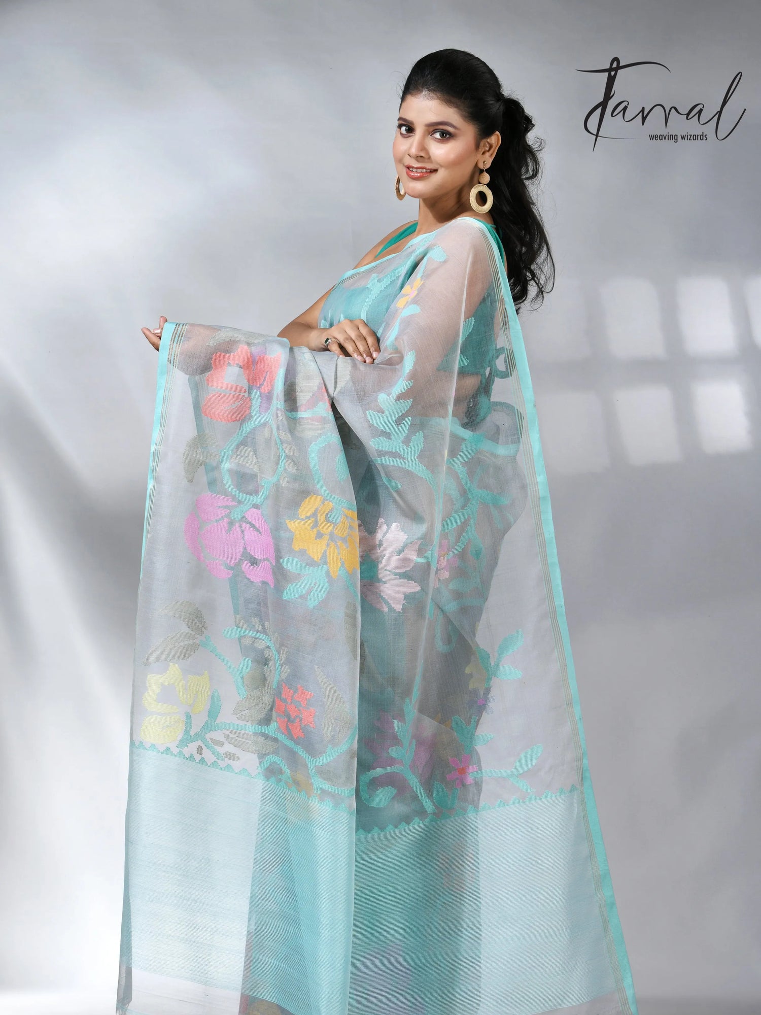 Ash color allover floral muslin silk handwoven jamdani saree