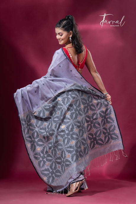 Ash grey with black border pure tusser cotton handwoven jamdani saree - Tamal Boutique