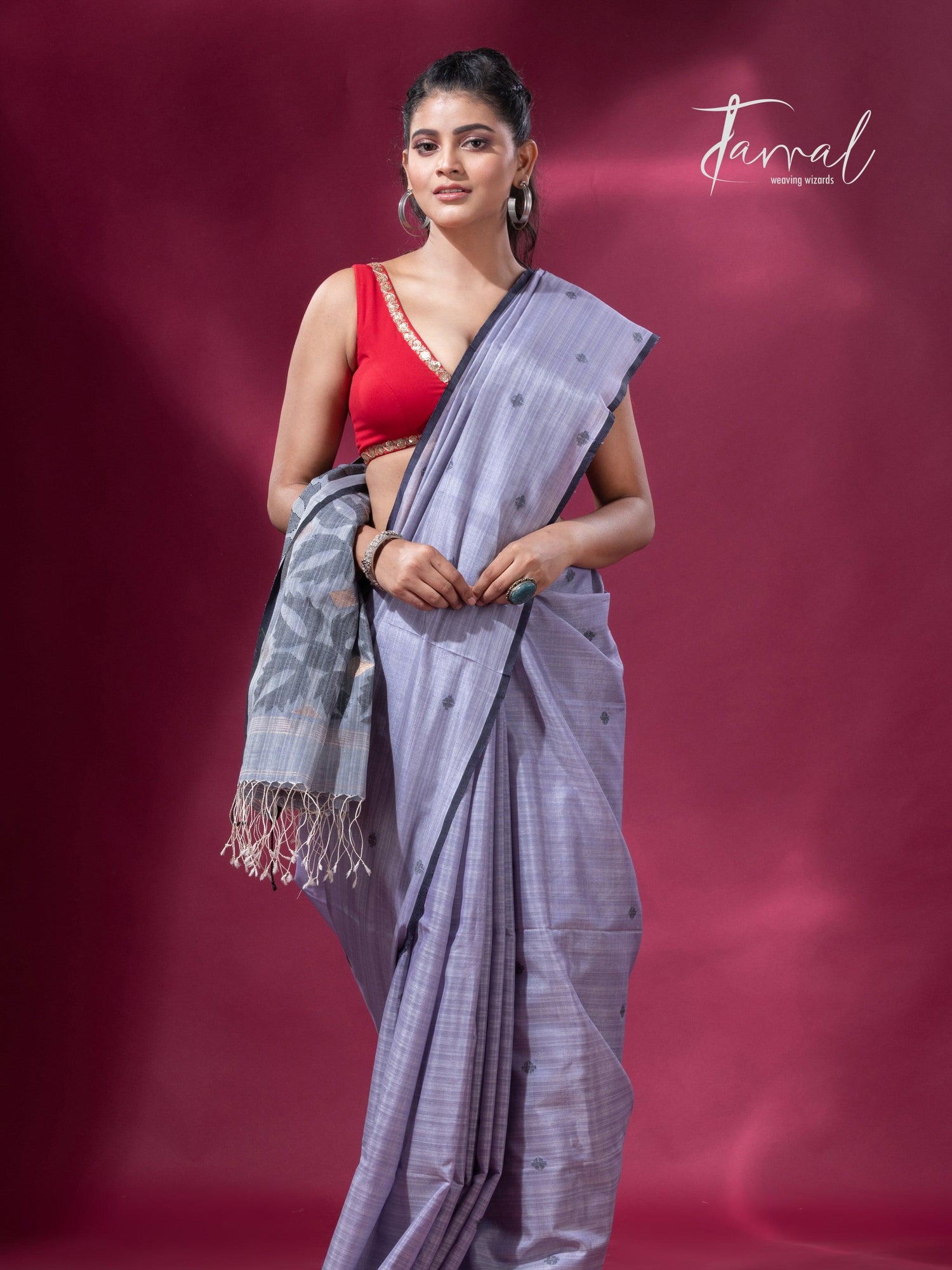 Ash grey with black border pure tusser cotton handwoven jamdani saree - Tamal Boutique