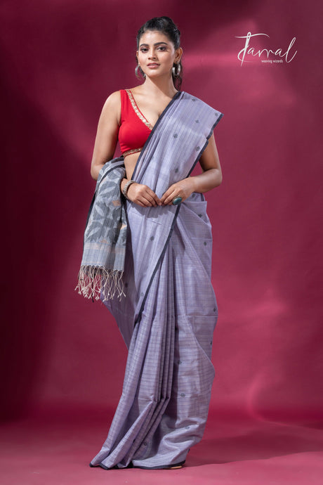 Ash grey with black border pure tusser cotton handwoven jamdani saree - Tamal Boutique