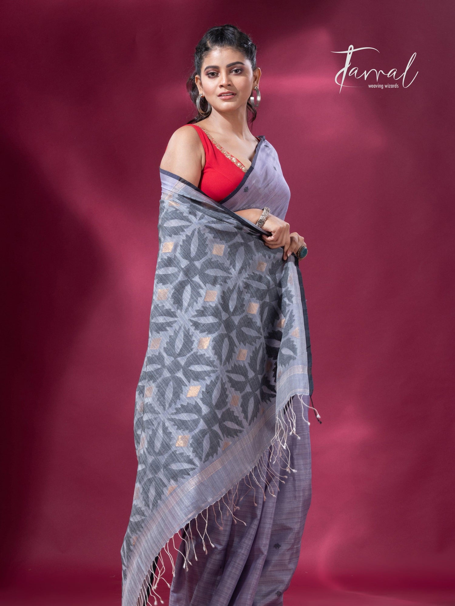 Ash grey with black border pure tusser cotton handwoven jamdani saree - Tamal Boutique