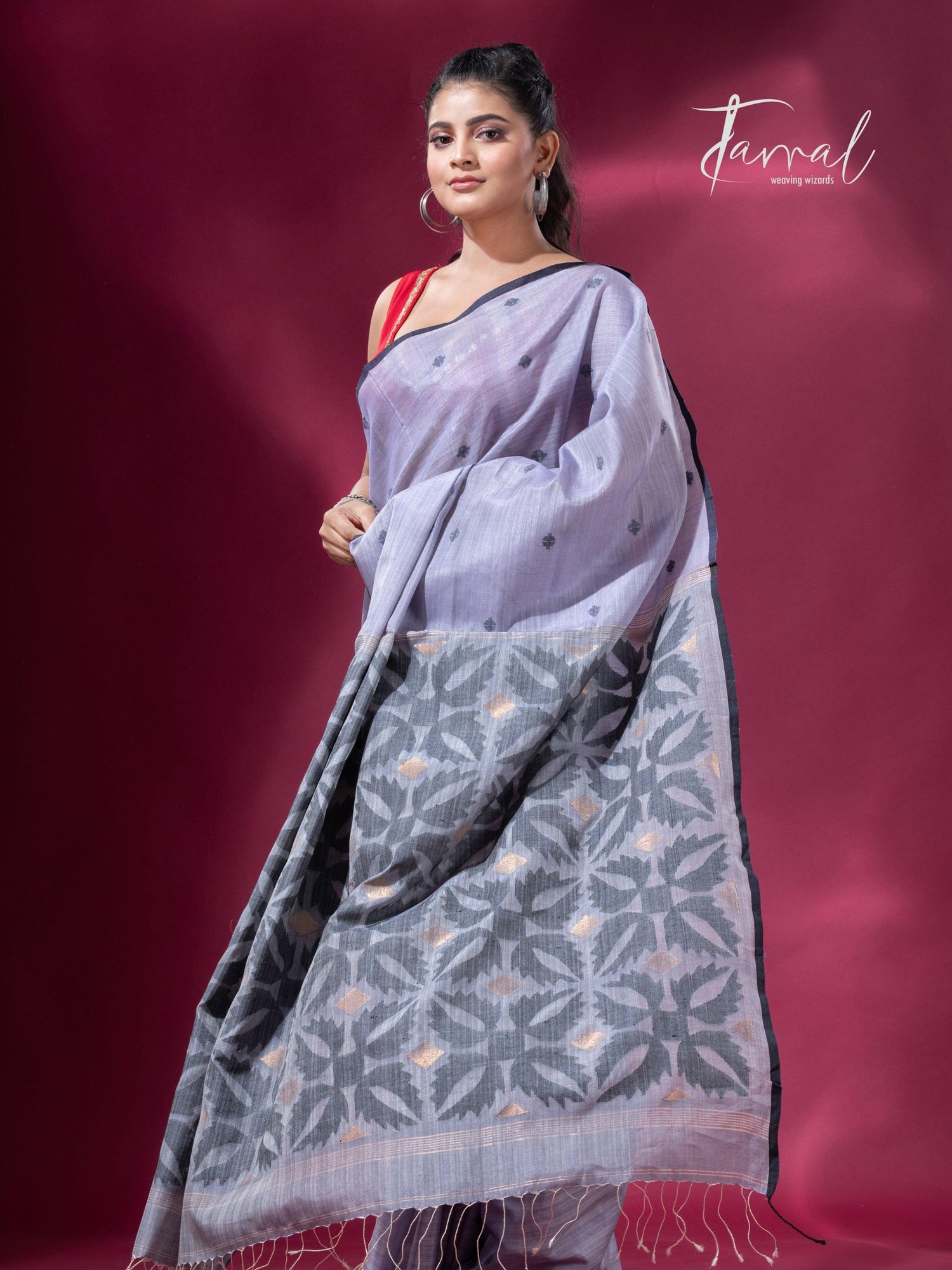 Ash grey with black border pure tusser cotton handwoven jamdani saree - Tamal Boutique