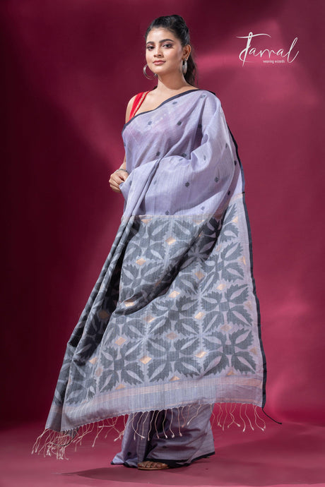 Ash grey with black border pure tusser cotton handwoven jamdani saree - Tamal Boutique