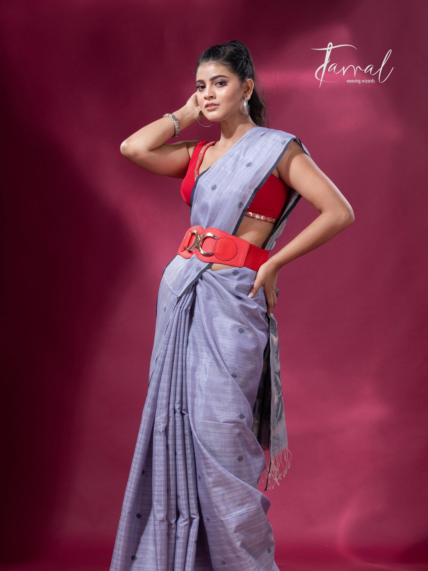 Ash grey with black border pure tusser cotton handwoven jamdani saree - Tamal Boutique