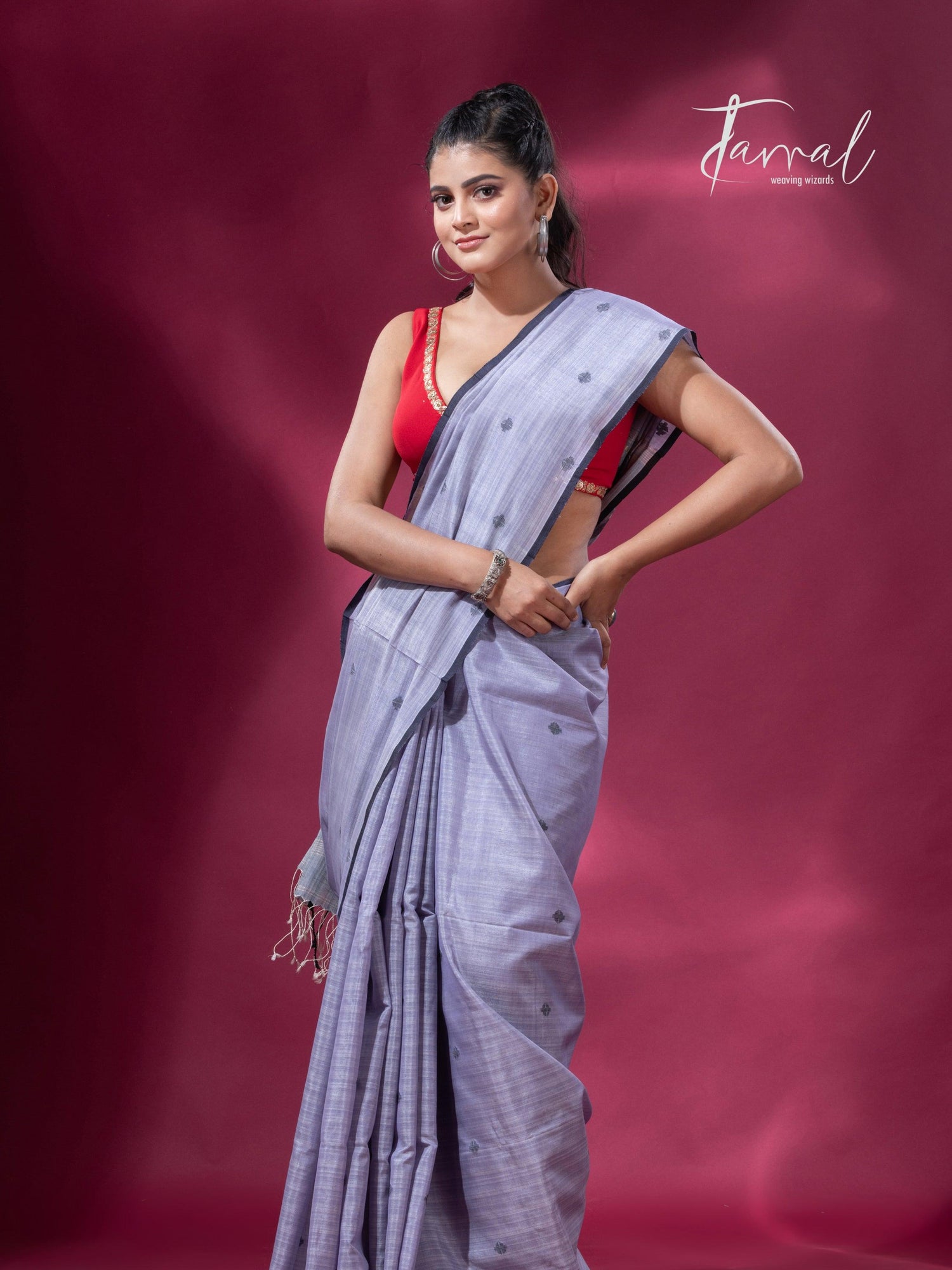 Ash grey with black border pure tusser cotton handwoven jamdani saree - Tamal Boutique