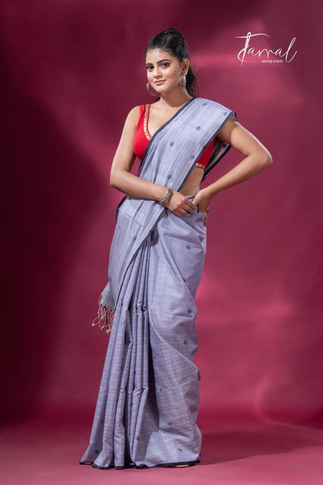 Ash grey with black border pure tusser cotton handwoven jamdani saree - Tamal Boutique