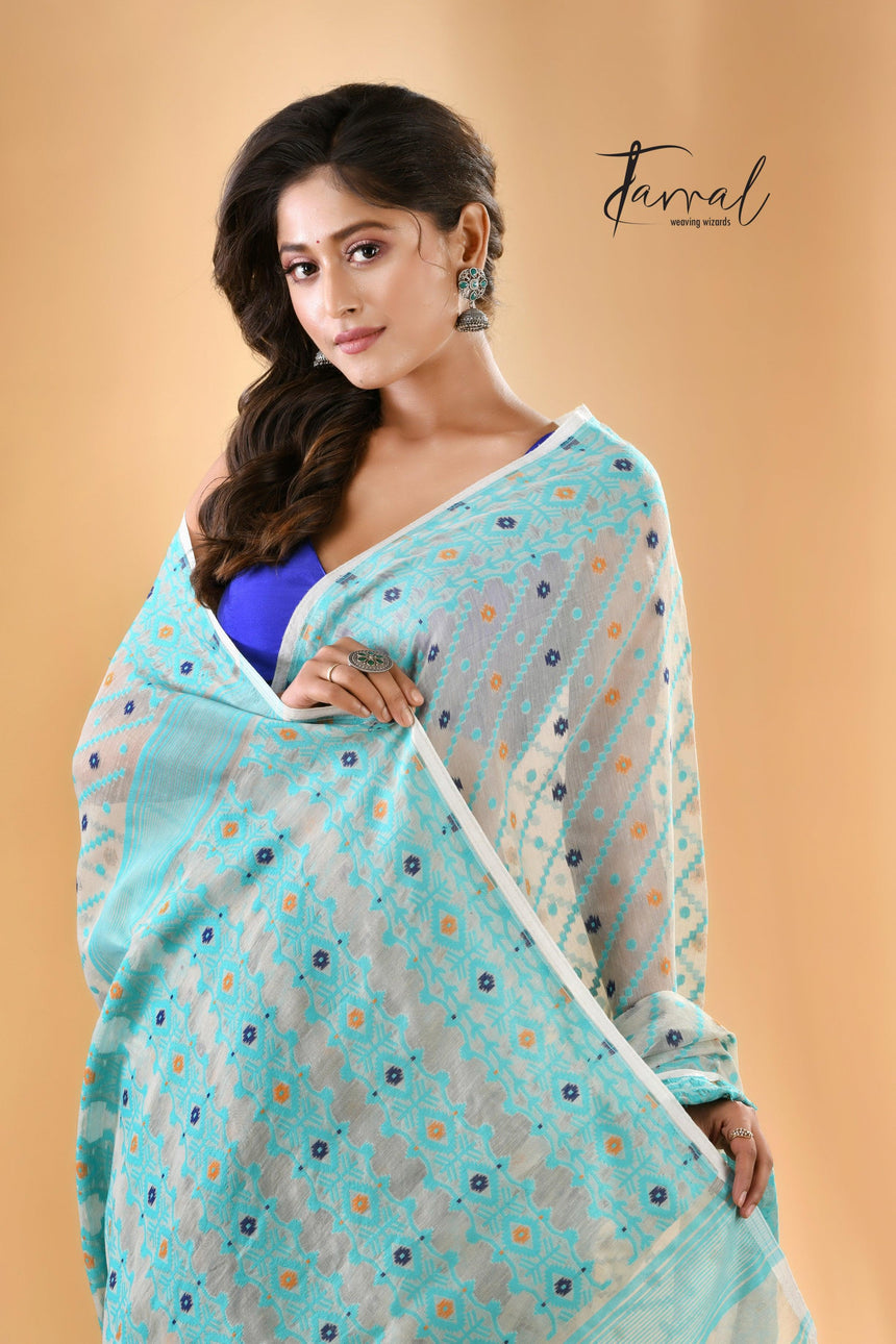Ash with firoza handloom soft dhakai jamdani saree closeup