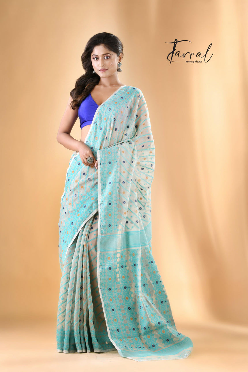 Ash with firoza handloom soft dhakai jamdani saree full