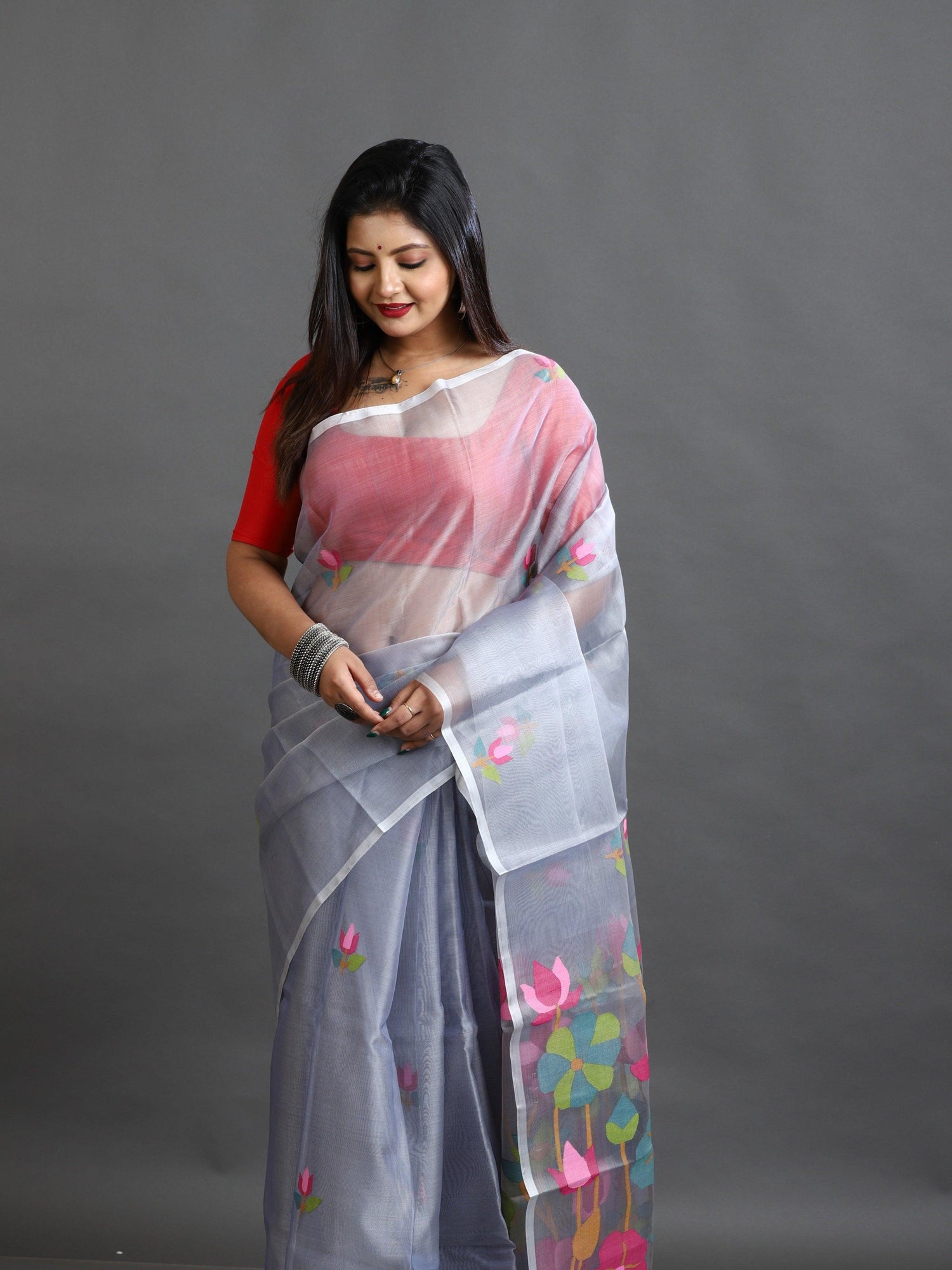 Ash with lotus motifs pallu muslin silk handwoven jamdani saree - Tamal Boutique