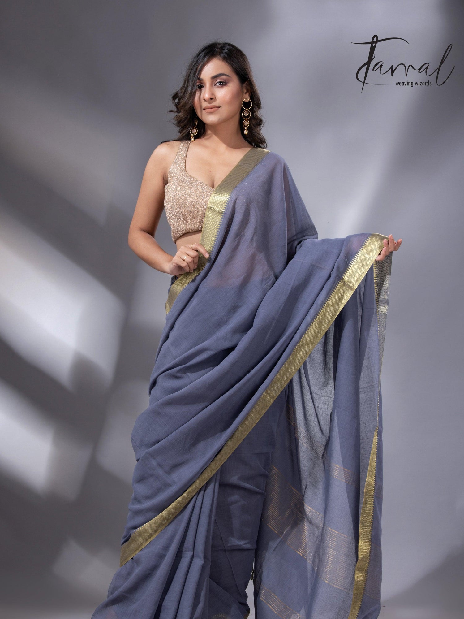 Ash with the golden zari Mangalgiri cotton handloom saree