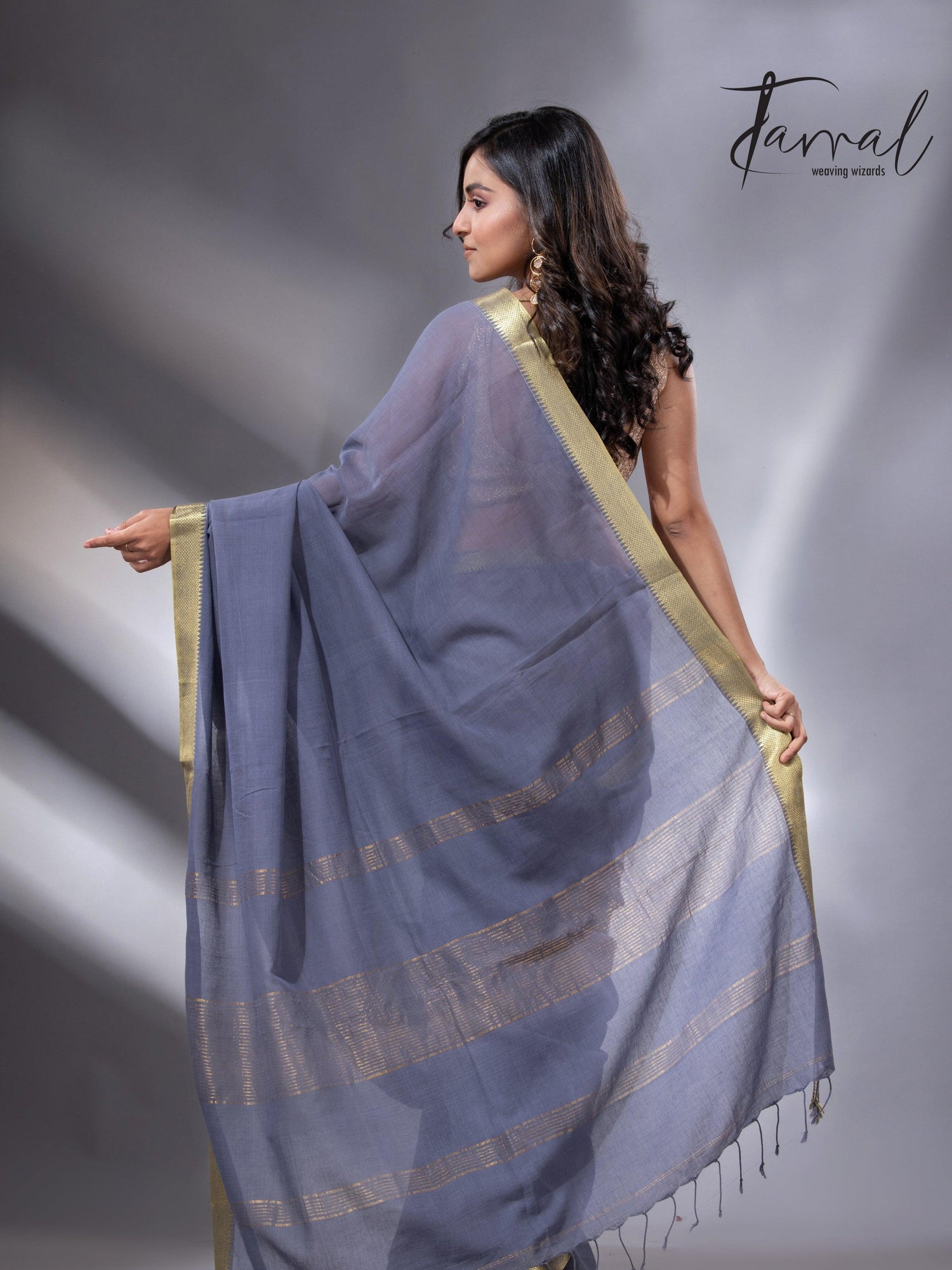 Ash with the golden zari Mangalgiri cotton handloom saree