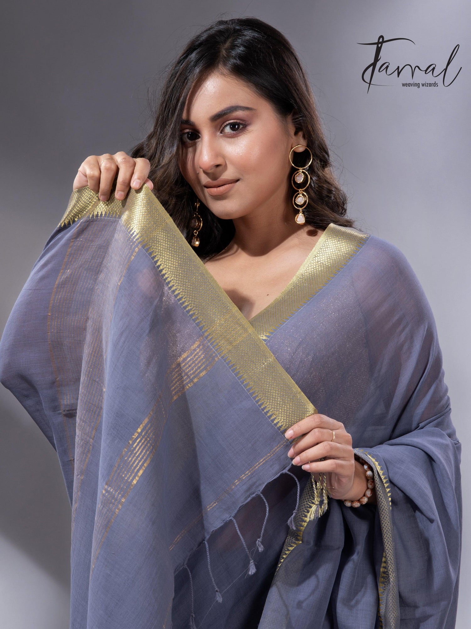 Ash with the golden zari Mangalgiri cotton handloom saree
