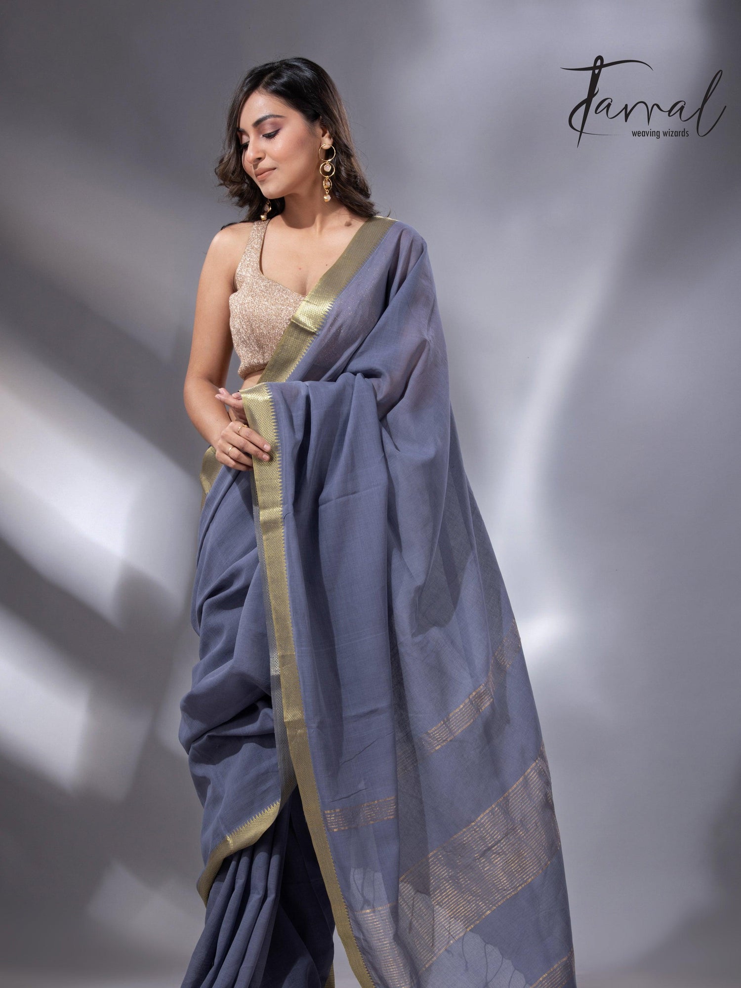 Ash with the golden zari Mangalgiri cotton handloom saree