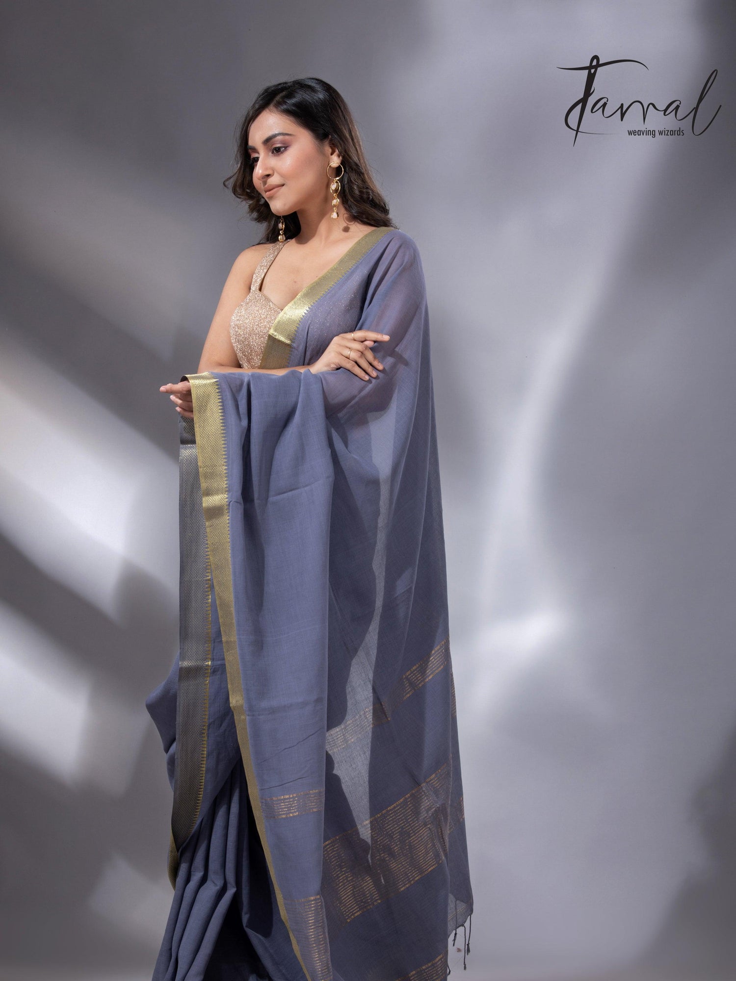 Ash with the golden zari Mangalgiri cotton handloom saree