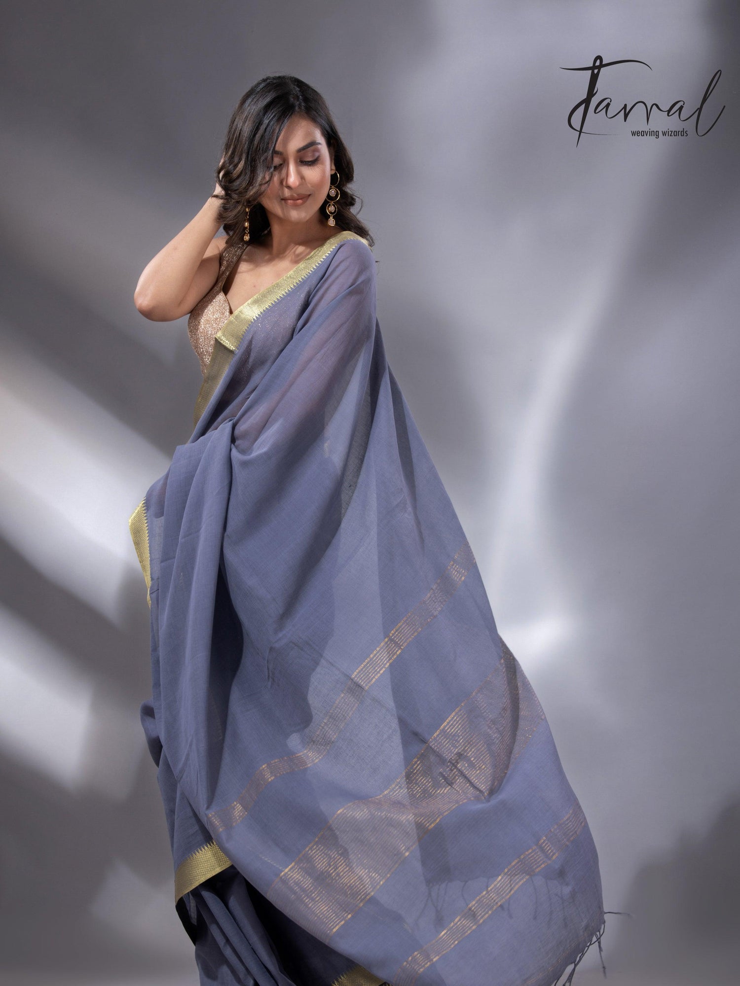 Ash with the golden zari Mangalgiri cotton handloom saree