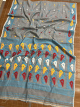 Ash with multi colour soft dhakai jamdani handloom saree - Tamal Boutique
