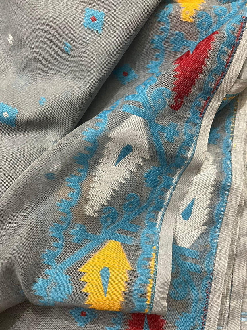 Ash with multi colour soft dhakai jamdani handloom saree - Tamal Boutique